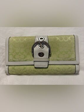 Coach Signature Canvas Clutch in Light Green with White Trim